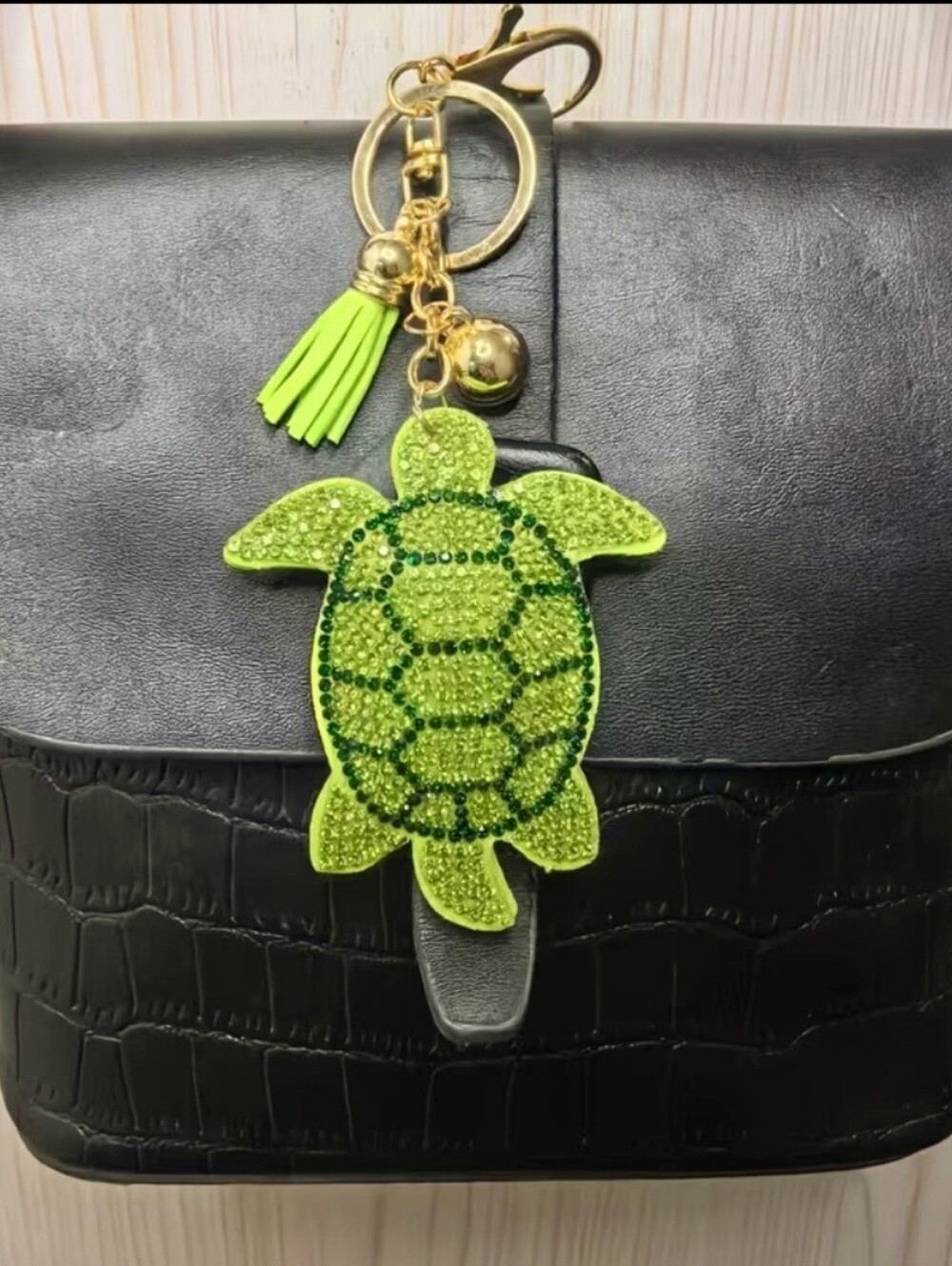 Neon Green Crystal Turtle Keychain with Tassel